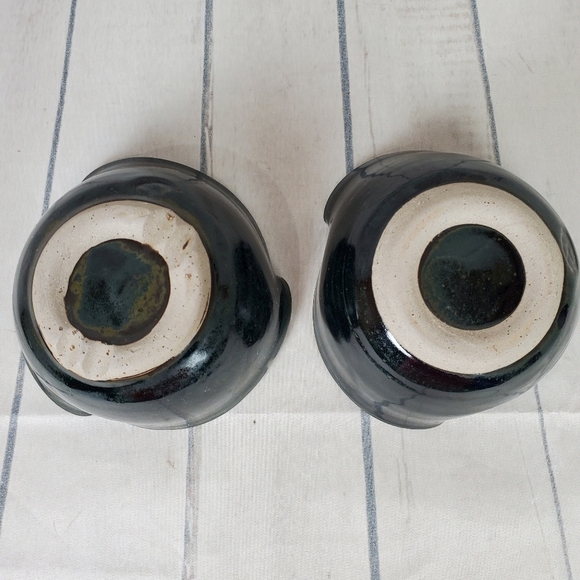 Handcrafted Studio Pottery Tri Point Cereal Bowls Splash Glaze Black Set  of 2 - Picture 8 of 10